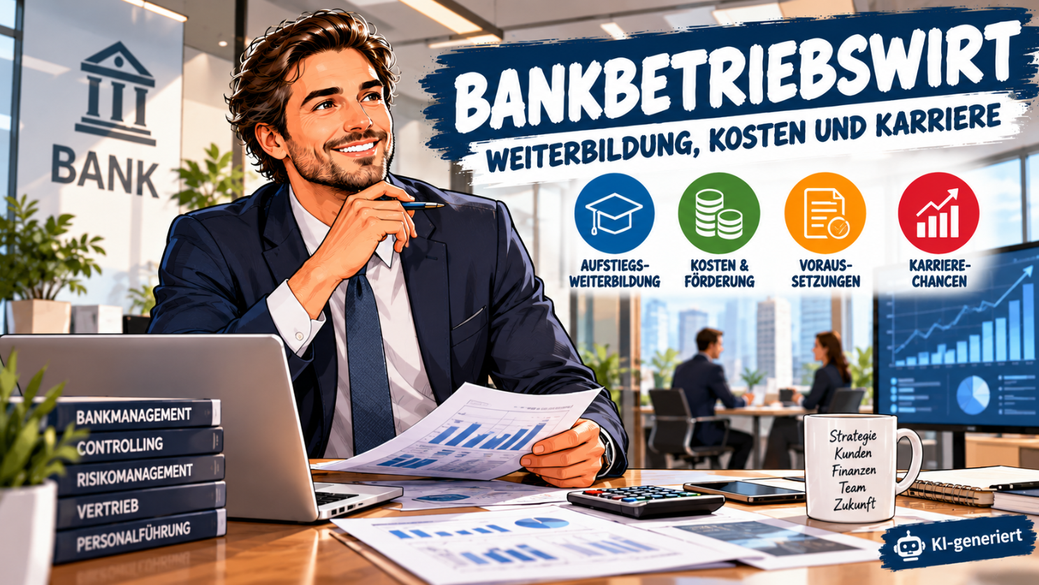 Bankbetriebswirt – Comic-Illustration eines Bankmanagers mit Laptop, Finanzberichten und Diagrammen in einem modernen Bankbüro. Themen: Weiterbildung, Voraussetzungen, Bankmanagement, Controlling, Kosten, Förderung und Karrierechancen.