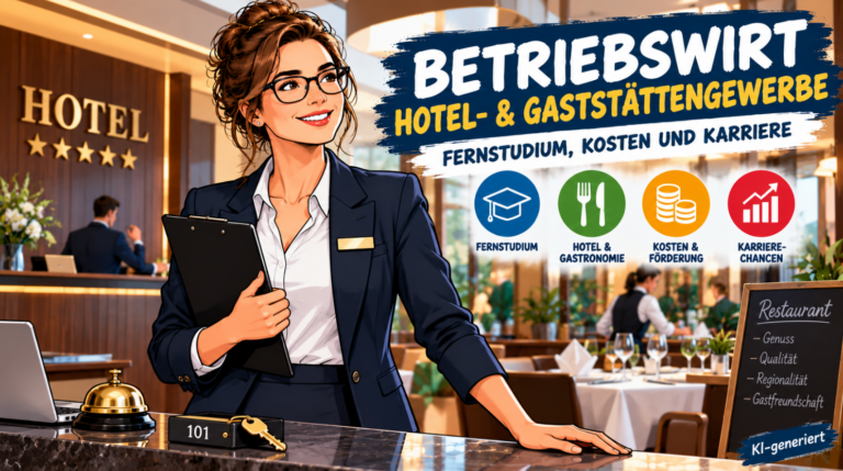 Betriebswirt Hotel- und Gaststättengewerbe – Comic-Illustration einer Hotelmanagerin an der Rezeption mit Restaurant im Hintergrund. Themen: Fernstudium, Hotelmanagement, Gastronomie, Kosten, Förderung und Karrierechancen.