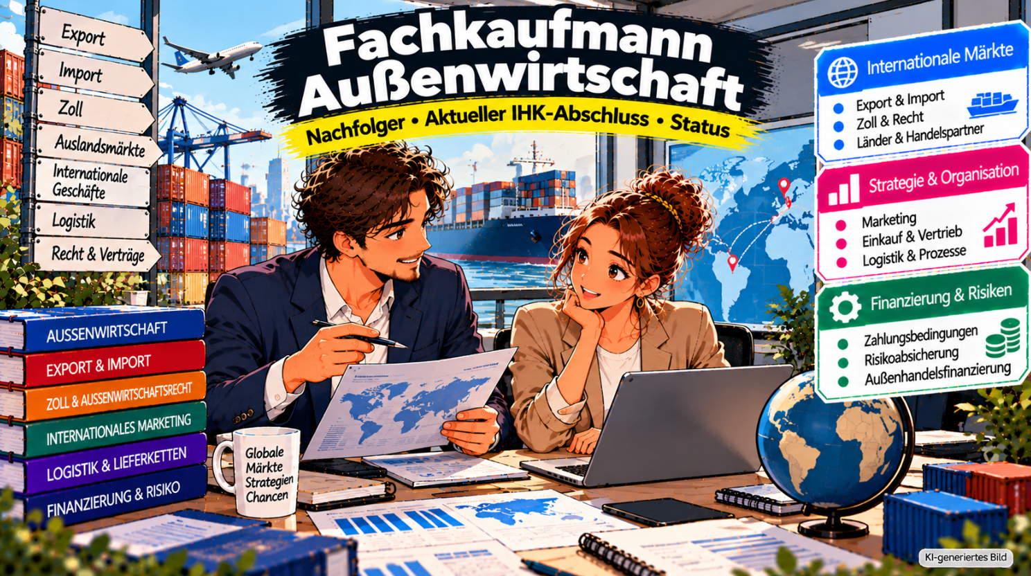 Comic-Illustration zum historischen IHK-Abschluss Fachkaufmann für Außenwirtschaft und seinem heutigen Nachfolger. Zwei kaufmännische Fachkräfte analysieren internationale Handelsbeziehungen anhand einer Weltkarte und eines Laptops. Im Hintergrund sind ein Containerhafen mit Frachtschiff, ein Flugzeug, eine Weltkarte und ein Globus zu sehen. Drei farbige Infoboxen veranschaulichen die Themenbereiche Internationale Märkte, Strategie und Organisation sowie Finanzierung und Risiken