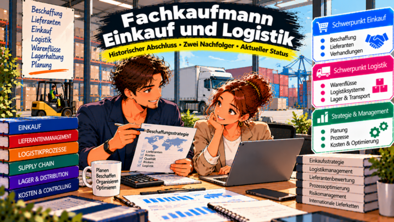 Comic-Illustration zum historischen IHK-Abschluss Fachkaufmann für Einkauf und Logistik und seinen heutigen Nachfolgern. Zwei kaufmännische Fachkräfte besprechen eine Beschaffungsstrategie anhand von Unterlagen und einem Laptop. Im Hintergrund sind ein modernes Warenlager, ein Gabelstapler, ein Lkw und ein Containerterminal zu sehen. Drei farbige Infoboxen veranschaulichen die Themenbereiche Einkauf mit Beschaffung und Lieferantenmanagement, Logistik mit Warenflüssen und Transport sowie Strategie und Management mit Planung und Prozessoptimierung.