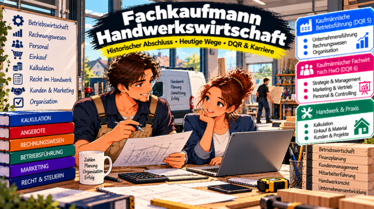 Comic-Illustration zum historischen Abschluss Fachkaufmann für Handwerkswirtschaft und den heutigen Weiterbildungswegen nach der Handwerksordnung (HwO). Zwei Fachkräfte besprechen in einem modernen Handwerksbetrieb Baupläne, Kalkulationen und betriebswirtschaftliche Aufgaben an einem Laptop. Im Hintergrund sind eine Werkstatt, ein Handwerker und ein Firmenfahrzeug zu sehen. Drei farbige Infoboxen veranschaulichen die Bereiche kaufmännische Betriebsführung (DQR 5), Kaufmännischer Fachwirt nach HwO (DQR 6) sowie Handwerk und Praxis