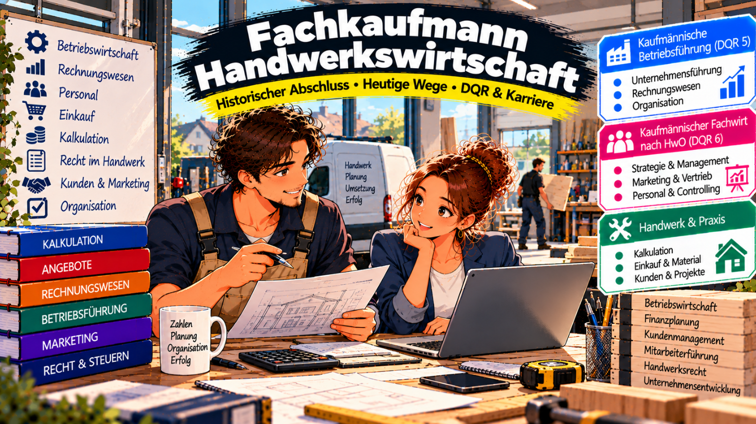 Comic-Illustration zum historischen Abschluss Fachkaufmann für Handwerkswirtschaft und den heutigen Weiterbildungswegen nach der Handwerksordnung (HwO). Zwei Fachkräfte besprechen in einem modernen Handwerksbetrieb Baupläne, Kalkulationen und betriebswirtschaftliche Aufgaben an einem Laptop. Im Hintergrund sind eine Werkstatt, ein Handwerker und ein Firmenfahrzeug zu sehen. Drei farbige Infoboxen veranschaulichen die Bereiche kaufmännische Betriebsführung (DQR 5), Kaufmännischer Fachwirt nach HwO (DQR 6) sowie Handwerk und Praxis