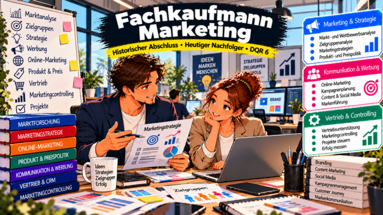 Comic-Illustration zum historischen IHK-Abschluss Fachkaufmann für Marketing und seinem heutigen Nachfolger, dem Fachwirt für Marketing. Zwei Marketingfachkräfte besprechen in einem modernen Büro eine Marketingstrategie anhand von Diagrammen, Unterlagen und einem Laptop. Im Hintergrund sind digitale Arbeitsplätze, Werbekampagnen und Präsentationen zu sehen. Drei farbige Infoboxen veranschaulichen die Themenbereiche Marketing und Strategie, Kommunikation und Werbung sowie Vertrieb und Controlling. Beide Abschlüsse sind dem DQR-Niveau 6 zugeordnet.