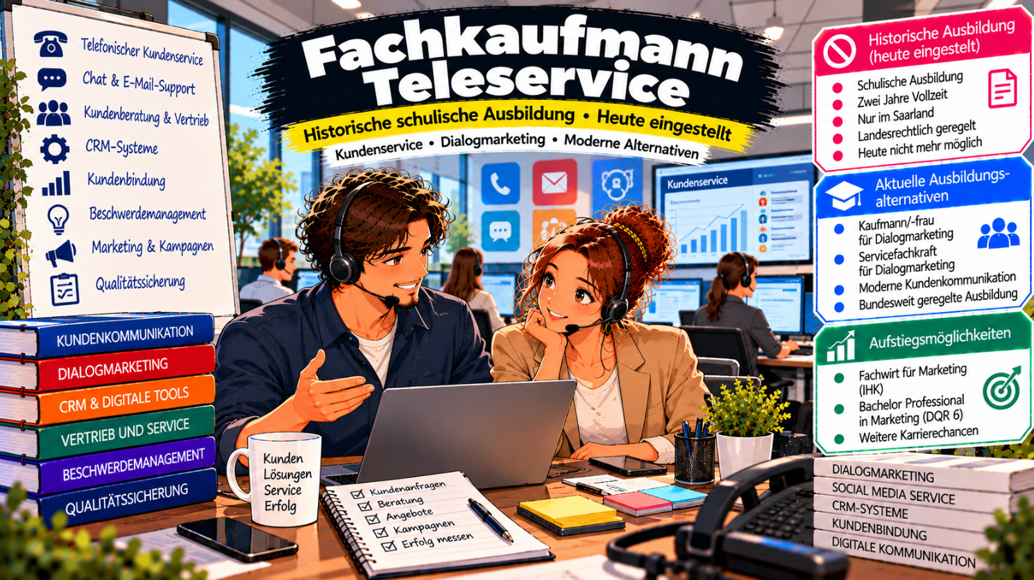 Comic-Illustration zum historischen Ausbildungsberuf Fachkaufmann für Teleservice. Zwei Mitarbeiter mit Headsets besprechen in einem modernen Contact-Center Kundenanfragen und digitale Serviceprozesse an einem Laptop. Im Hintergrund sind weitere Beschäftigte, CRM-Dashboards sowie Symbole für Telefon, E-Mail und Chat zu sehen. Drei farbige Infoboxen erläutern die eingestellte zweijährige schulische Ausbildung im Saarland, heutige Ausbildungsalternativen im Dialogmarketing sowie den Fachwirt für Marketing (IHK) als weiterführende Aufstiegsqualifikation