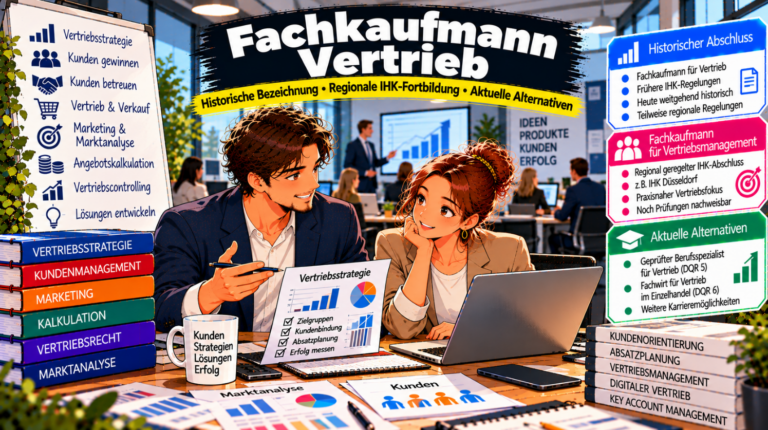 Comic-Illustration zum Fachkaufmann Vertrieb und den heutigen Weiterbildungsmöglichkeiten im Vertriebsmanagement. Zwei kaufmännische Fachkräfte analysieren gemeinsam eine Vertriebsstrategie mit Verkaufszahlen, Diagrammen und Kundeninformationen an einem Laptop. Im Hintergrund sind ein modernes Vertriebsbüro, eine Präsentation und Mitarbeiter bei der Arbeit zu sehen. Drei farbige Infoboxen erläutern den historischen Fachkaufmann für Vertrieb, den regional geregelten IHK-Abschluss Fachkaufmann für Vertriebsmanagement sowie aktuelle Alternativen wie den Berufsspezialisten für Vertrieb und den Fachwirt für Vertrieb im Einzelhandel.