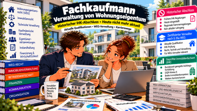 Comic-Illustration zum historischen IHK-Abschluss Fachkaufmann für die Verwaltung von Wohnungseigentum und den heutigen Qualifikationsmöglichkeiten. Zwei Immobilienfachkräfte besprechen anhand eines Laptops, von Unterlagen und eines Gebäudemodells die Verwaltung einer modernen Wohnanlage. Im Hintergrund sind Mehrfamilienhäuser mit Balkonen zu sehen. Drei farbige Infoboxen erläutern den eingestellten Fachkaufmann-Abschluss, den zertifizierten Verwalter nach § 26a WEG sowie den Geprüften Immobilienfachwirt (IHK) als weiterführende Aufstiegsqualifikation auf DQR-Niveau 6