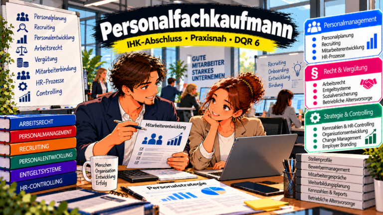 Comic-Illustration zur Weiterbildung zum Geprüften Personalfachkaufmann (IHK) auf DQR-Niveau 6. Zwei Personalmanagement-Fachkräfte analysieren gemeinsam Unterlagen zur Mitarbeiterentwicklung, Personalplanung und HR-Strategie an einem Laptop. Im Hintergrund sind ein modernes Personalbüro, weitere Mitarbeiter und digitale Arbeitsplätze zu sehen. Drei farbige Infoboxen veranschaulichen die Themenbereiche Personalmanagement, Recht und Vergütung sowie Strategie und Controlling