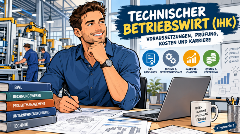 Technischer Betriebswirt (IHK) – Comic-Illustration eines Technischen Betriebswirts mit Laptop und Projektplänen in einer modernen Industrieumgebung. Themen: Weiterbildung, IHK-Prüfung, Betriebswirtschaft, Kosten, Förderung und Karrierechancen.