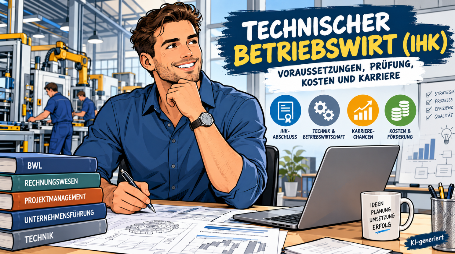 Technischer Betriebswirt (IHK) – Comic-Illustration eines Technischen Betriebswirts mit Laptop und Projektplänen in einer modernen Industrieumgebung. Themen: Weiterbildung, IHK-Prüfung, Betriebswirtschaft, Kosten, Förderung und Karrierechancen.