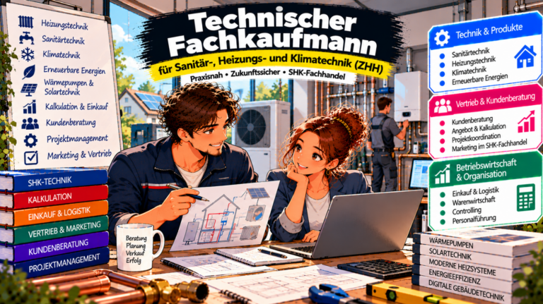 Comic-Illustration zur Weiterbildung zum Technischen Fachkaufmann für Sanitär-, Heizungs- und Klimatechnik (ZHH). Zwei Fachkräfte besprechen in einem modernen SHK-Fachhandel die Planung einer Heizungsanlage anhand technischer Zeichnungen und eines Laptops. Im Hintergrund sind eine Wärmepumpe, Heizungs- und Sanitärinstallationen sowie ein Techniker bei der Arbeit zu sehen. Drei farbige Infoboxen veranschaulichen die Themenbereiche Technik und Produkte, Vertrieb und Kundenberatung sowie Betriebswirtschaft und Organisation.