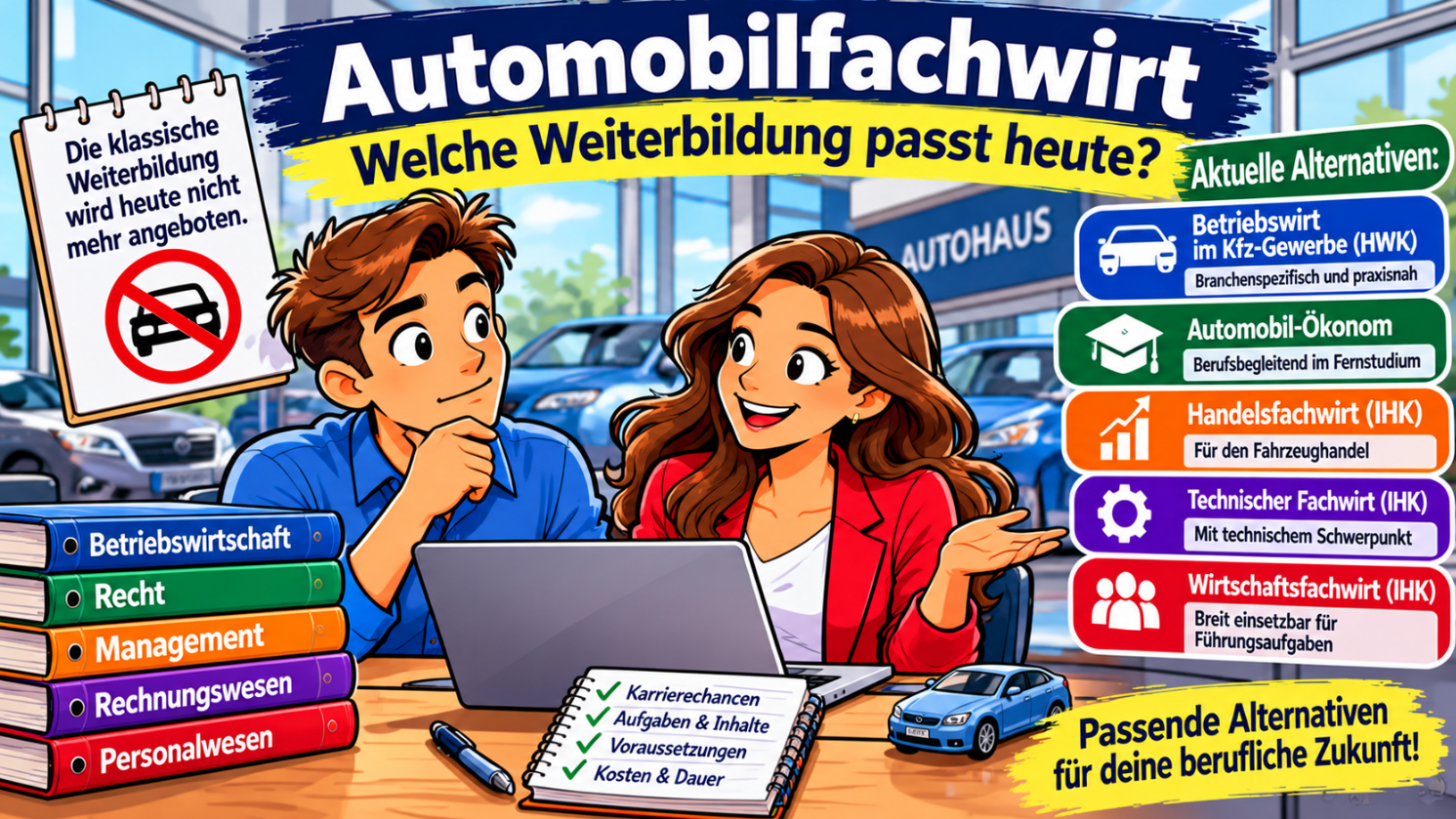 Comic-Illustration zum Automobilfachwirt mit zwei Personen im Autohaus und einer Übersicht aktueller Weiterbildungsalternativen: Betriebswirt im Kfz-Gewerbe, Automobil-Ökonom, Handelsfachwirt, Technischer Fachwirt und Wirtschaftsfachwirt