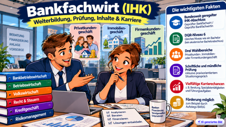 Comic-Illustration zum Bankfachwirt (IHK) mit zwei Bankfachkräften in einer modernen Bankfiliale. Dargestellt sind die drei Prüfungsschwerpunkte Privatkunden-, Immobilien- und Firmenkundengeschäft sowie Weiterbildungsinhalte, Karrierechancen und die Einordnung auf DQR-Niveau 6