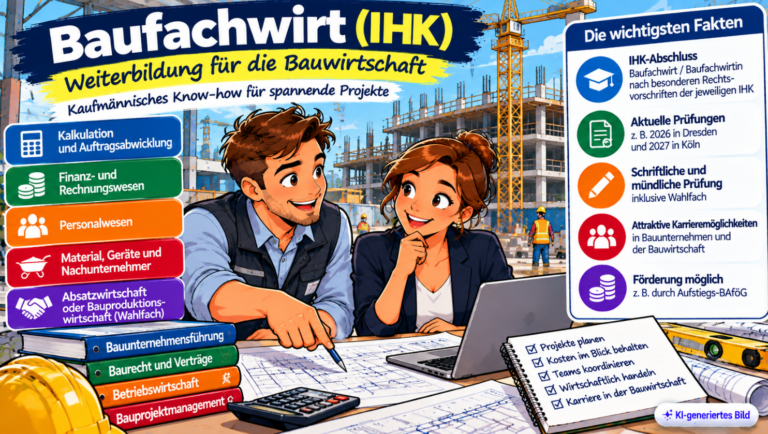 Comic-Illustration zum Baufachwirt (IHK) mit zwei kaufmännischen Fachkräften, die Baupläne auf einer Baustelle besprechen. Dargestellt sind die Weiterbildungsbereiche Kalkulation, Rechnungswesen, Personalwesen, Materialwirtschaft und Bauprojektmanagement sowie Informationen zu Prüfung und Karrierechancen