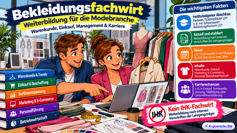 Comic-Illustration zum Bekleidungsfachwirt mit zwei Fachkräften in einem modernen Modegeschäft, die eine Bekleidungskollektion besprechen. Dargestellt sind die Weiterbildungsbereiche Warenkunde, Einkauf, Sortimentsplanung, Marketing, E-Commerce und Personalführung sowie der Hinweis auf den institutseigenen Abschluss ohne IHK-Prüfung.
