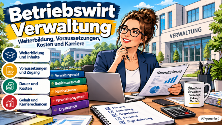 Betriebswirt Verwaltung – Comic-Illustration einer Verwaltungsbetriebswirtin mit Laptop und Haushaltsplanung vor einem modernen Verwaltungsgebäude. Themen: Weiterbildung, Voraussetzungen, Kosten, Controlling und Karrierechancen.