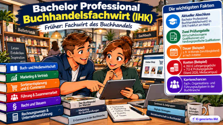 Comic-Illustration zum Bachelor Professional Buchhandelsfachwirt (IHK), früher Fachwirt des Buchhandels. Zwei Fachkräfte besprechen in einer modernen Buchhandlung Verkaufszahlen und Sortimentsplanung auf einem Tablet. Dargestellt sind die Weiterbildungsbereiche Buch- und Medienwirtschaft, Marketing, E-Commerce, Rechnungswesen und Unternehmensführung
