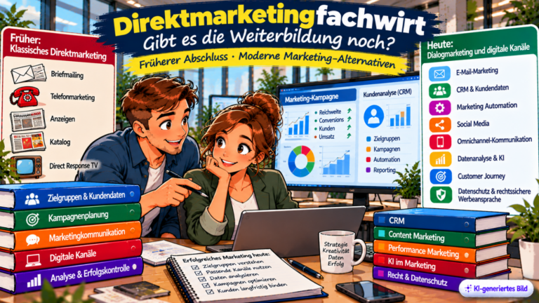 Comic-Illustration zum Direktmarketingfachwirt mit zwei Marketingfachkräften in einem modernen Büro. Das Bild zeigt den Wandel vom klassischen Direktmarketing mit Briefmailings, Telefonmarketing und Katalogen zum digitalen Dialogmarketing mit CRM, E-Mail-Marketing, Marketing Automation, Social Media, Datenanalyse und KI.