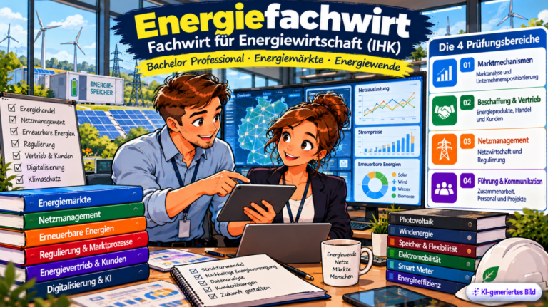 Comic-Illustration zum Energiefachwirt (IHK) mit zwei Fachkräften in einer modernen Energie-Leitwarte, die Strompreise, Netzauslastung und Energiedaten auf einem Tablet auswerten. Im Hintergrund sind Photovoltaikanlagen, Windräder und ein Batteriespeicher zu sehen. Dargestellt werden die vier Prüfungsbereiche Marktmechanismen, Energiebeschaffung und Vertrieb, Netzmanagement sowie Führung und Kommunikation