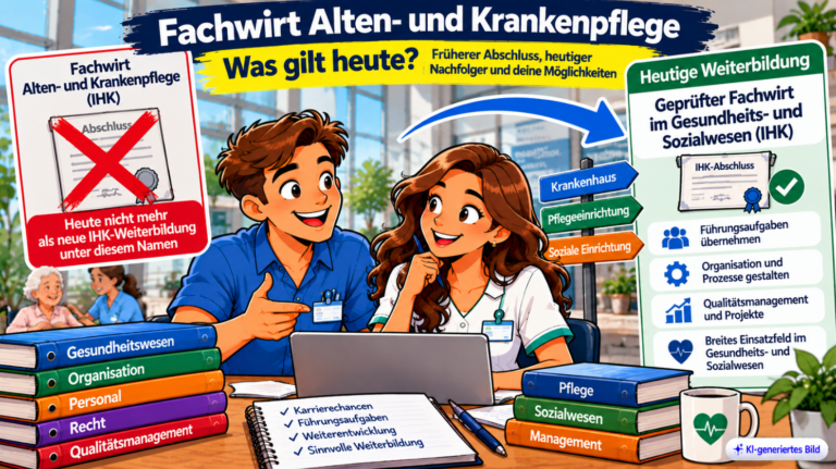 Comic-Illustration zum Fachwirt Alten- und Krankenpflege mit zwei Beschäftigten im Gesundheitswesen und dem Übergang zum heutigen Fachwirt im Gesundheits- und Sozialwesen (IHK), ergänzt durch Symbole für Führung, Organisation und Qualitätsmanagement.