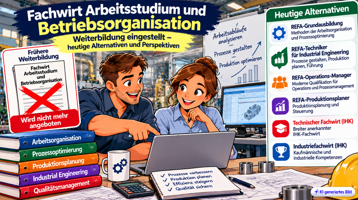 Comic-Illustration zum Fachwirt Arbeitsstudium und Betriebsorganisation mit zwei Fachkräften in einer Produktionshalle. Das Bild zeigt die eingestellte Weiterbildung und heutige Alternativen wie REFA-Qualifikationen, Industrial Engineering, Prozessoptimierung und Produktionsplanung