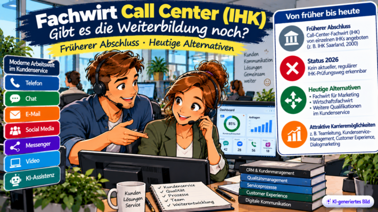 Comic-Illustration zum früheren Fachwirt Call Center (IHK) mit zwei Fachkräften in einem modernen Contact Center. Dargestellt sind digitale Kommunikationskanäle wie Telefon, Chat, E-Mail und Social Media sowie heutige Weiterbildungsalternativen wie Fachwirt für Marketing und Wirtschaftsfachwirt. Ein Hinweis erklärt, dass 2026 kein regulärer IHK-Prüfungsweg mehr erkennbar ist.