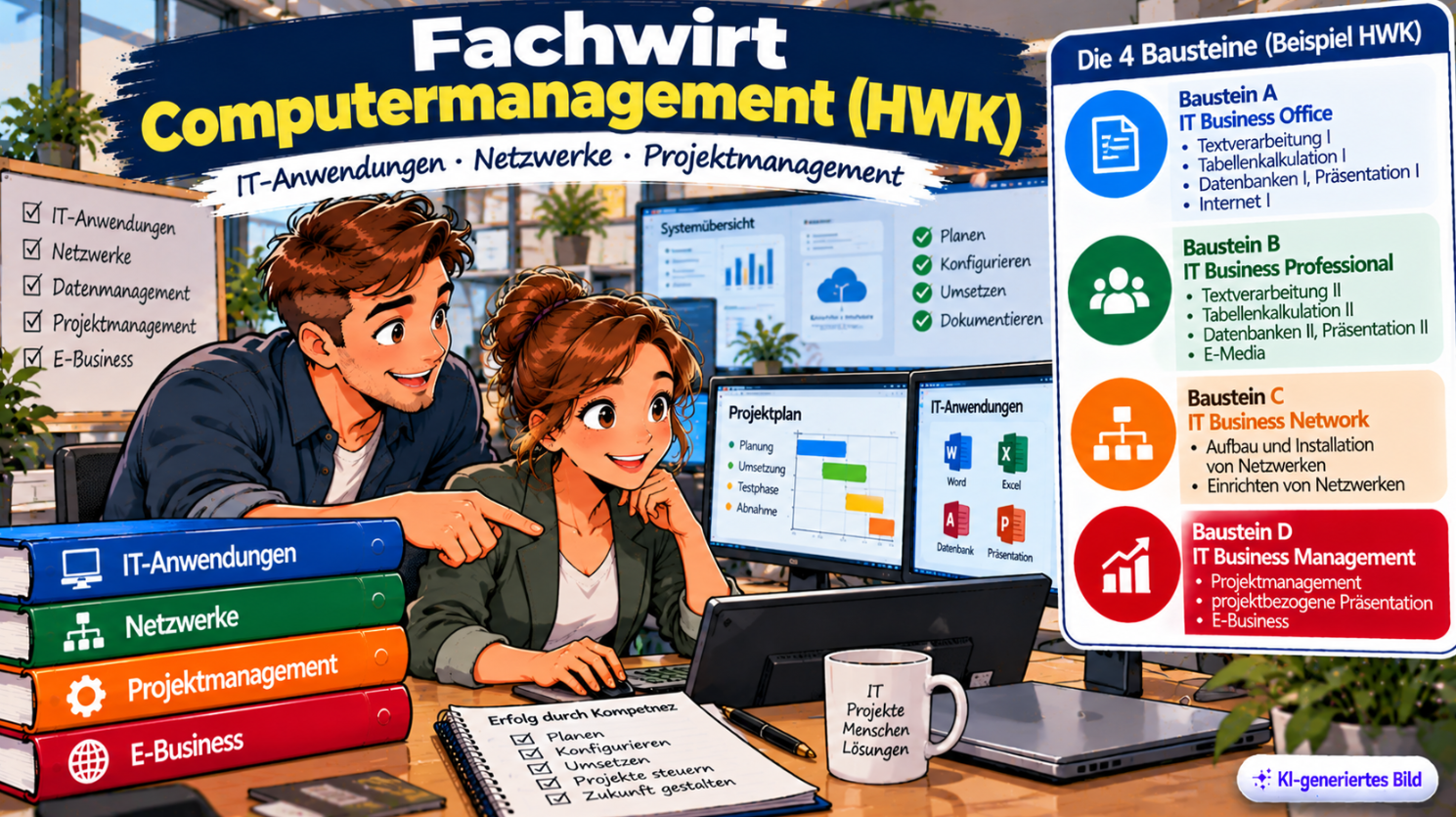 Comic-Illustration zum Fachwirt Computermanagement (HWK) mit zwei Fachkräften an einem modernen IT-Arbeitsplatz. Dargestellt sind Computeranwendungen, Netzwerke, Datenmanagement und Projektplanung sowie die vier Weiterbildungsbausteine IT Business Office, IT Business Professional, IT Business Network und IT Business Management.