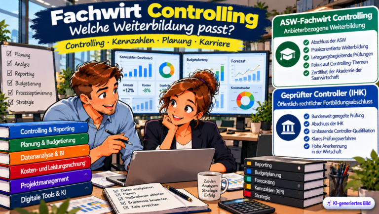 Comic-Illustration zum Fachwirt Controlling mit zwei Fachkräften in einem modernen Büro, die Kennzahlen, Budgetplanungen und Diagramme auswerten. Dargestellt sind die Weiterbildungsbereiche Controlling, Reporting, Datenanalyse und Unternehmensplanung sowie der Unterschied zwischen dem ASW-Fachwirt Controlling und dem Geprüften Controller (IHK).