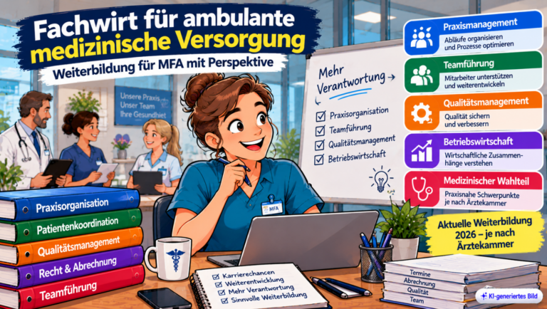 Comic-Illustration zum Fachwirt für ambulante medizinische Versorgung mit einer Medizinischen Fachangestellten am Laptop in einer Arztpraxis. Dargestellt sind die Weiterbildungsbereiche Praxismanagement, Teamführung, Qualitätsmanagement, Betriebswirtschaft und medizinische Spezialisierung