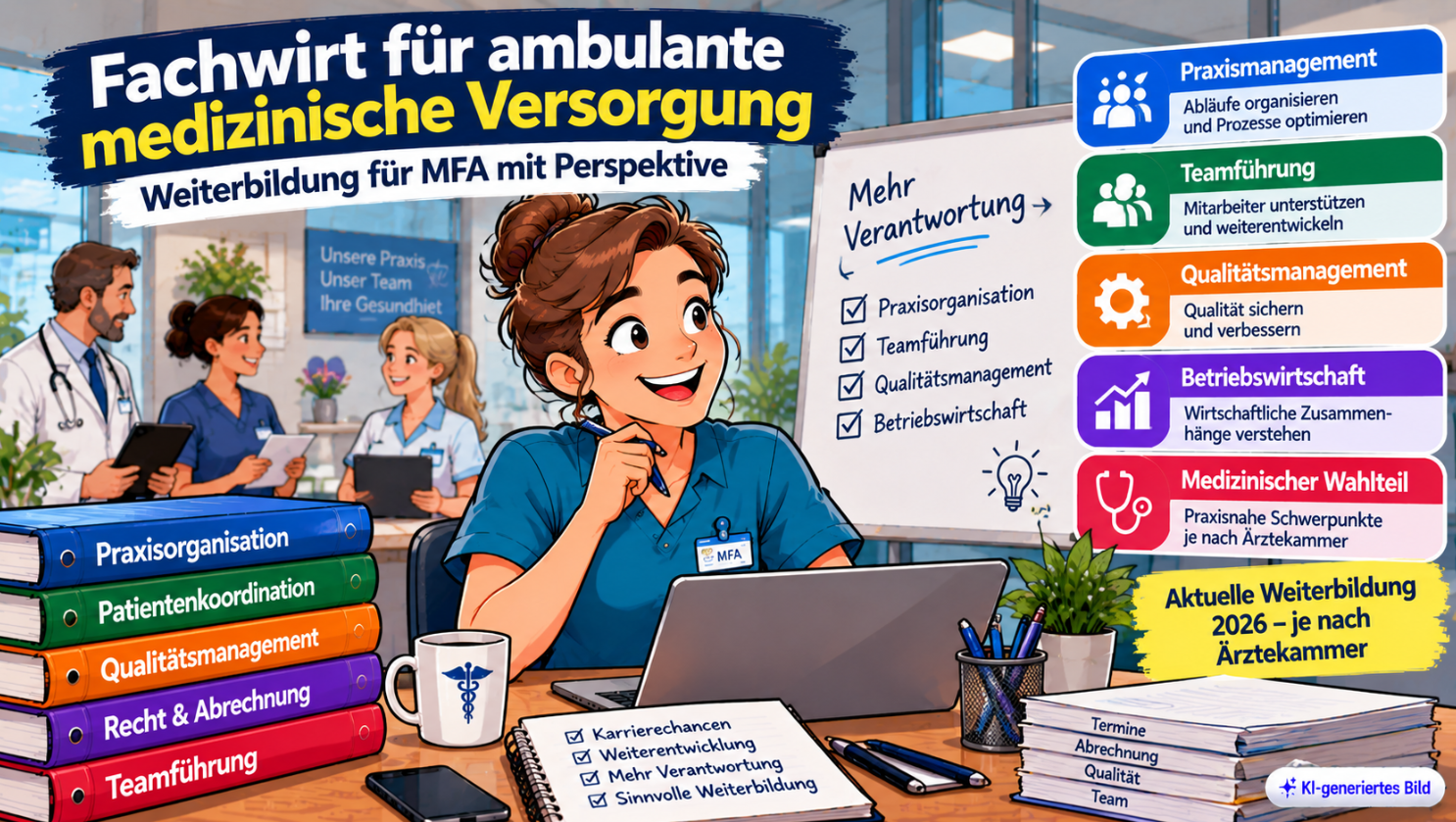Comic-Illustration zum Fachwirt für ambulante medizinische Versorgung mit einer Medizinischen Fachangestellten am Laptop in einer Arztpraxis. Dargestellt sind die Weiterbildungsbereiche Praxismanagement, Teamführung, Qualitätsmanagement, Betriebswirtschaft und medizinische Spezialisierung