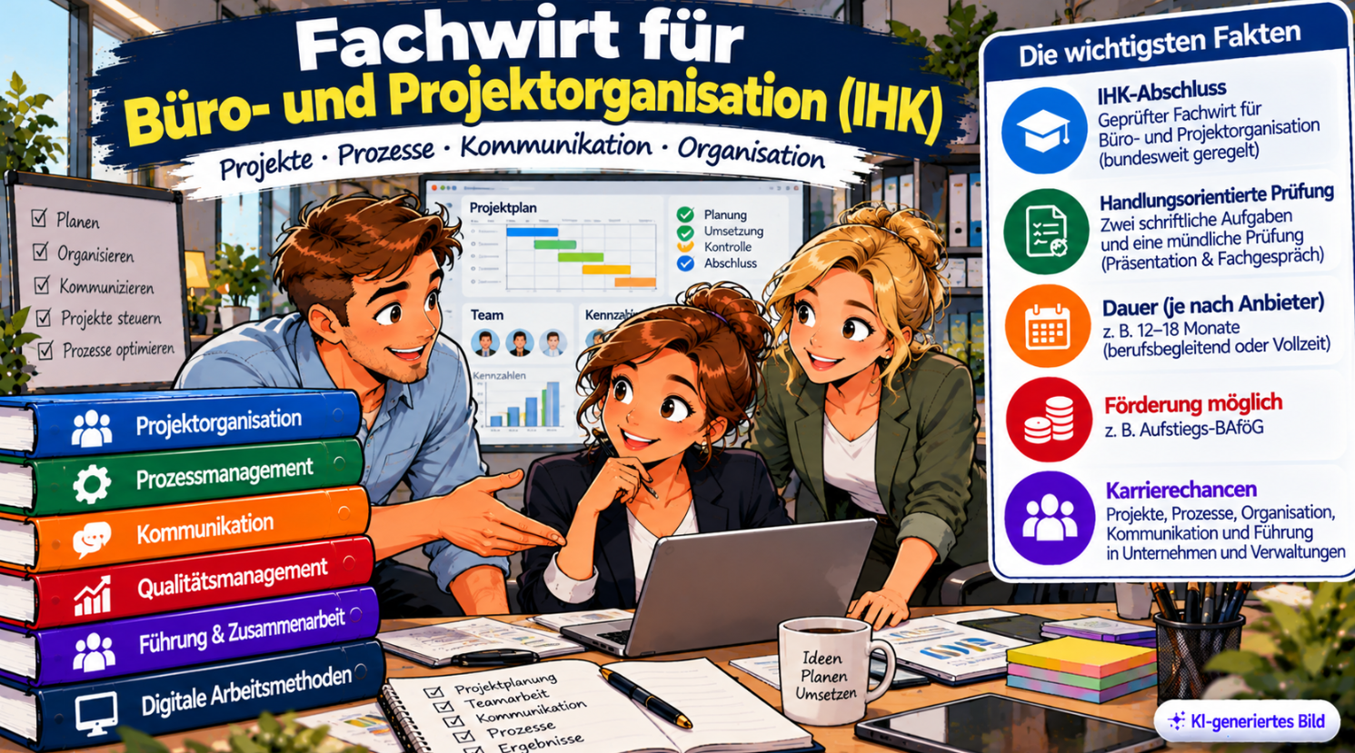 Comic-Illustration zum Fachwirt für Büro- und Projektorganisation (IHK) mit drei Fachkräften, die gemeinsam an einem Laptop arbeiten. Im Hintergrund zeigt ein digitales Projektboard Zeitpläne, Aufgaben und Kennzahlen. Dargestellt sind die Weiterbildungsbereiche Projektorganisation, Prozessmanagement, Kommunikation, Qualitätsmanagement, Führung und digitale Arbeitsmethoden