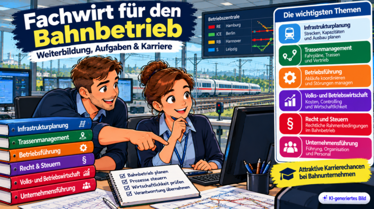 Comic-Illustration zum Fachwirt für den Bahnbetrieb mit zwei Fachkräften in einer modernen Bahnleitstelle. Dargestellt sind ein Zug, digitale Streckenpläne und Weiterbildungsinhalte wie Infrastrukturplanung, Trassenmanagement, Betriebsführung, Betriebswirtschaft und Unternehmensführung