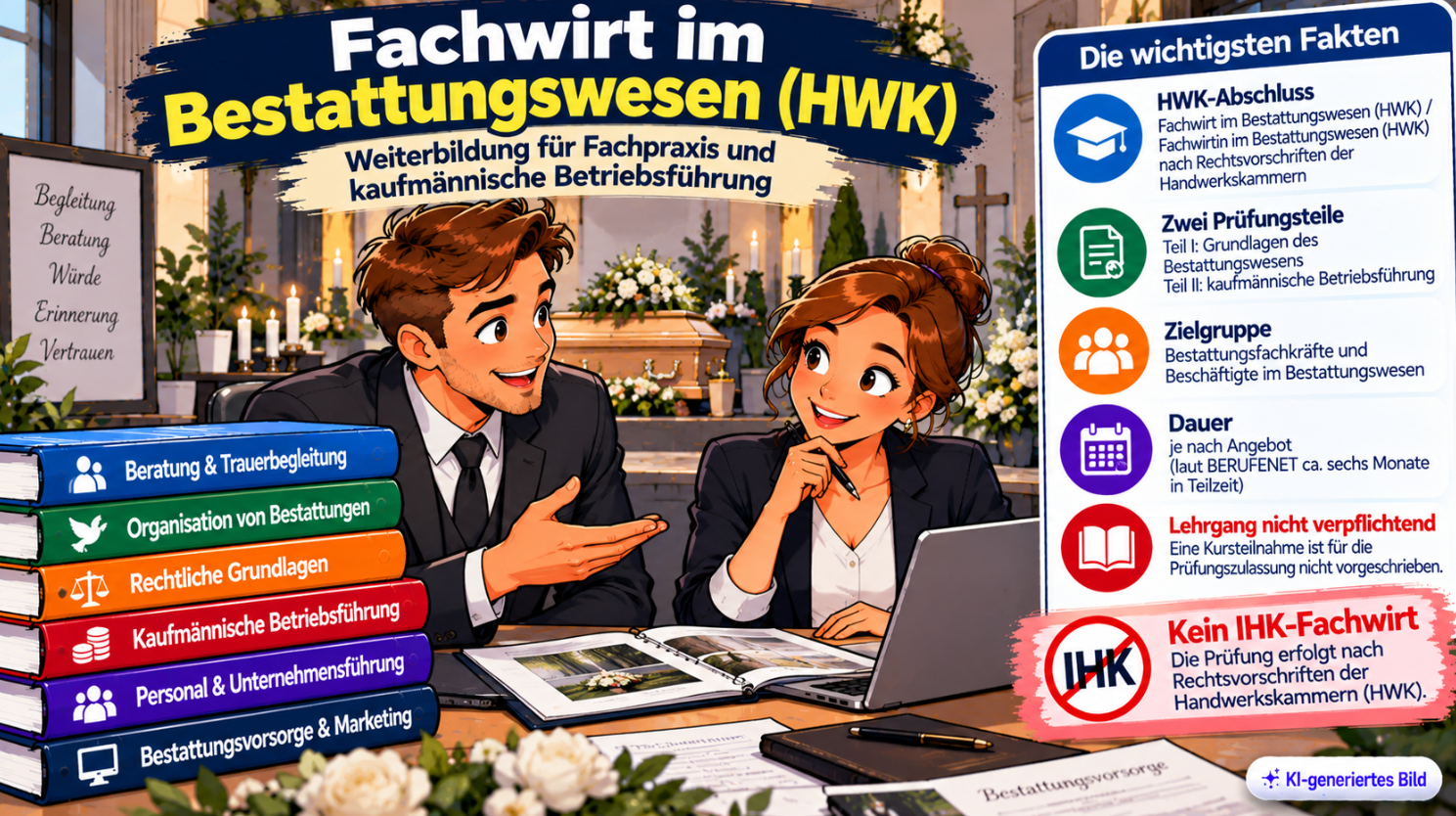Comic-Illustration zum Fachwirt im Bestattungswesen (HWK) mit zwei Fachkräften in einem würdevoll gestalteten Bestattungsinstitut. Dargestellt sind die Weiterbildungsbereiche Beratung, Trauerbegleitung, Organisation von Bestattungen, rechtliche Grundlagen und kaufmännische Betriebsführung sowie der Hinweis auf den HWK-Abschluss