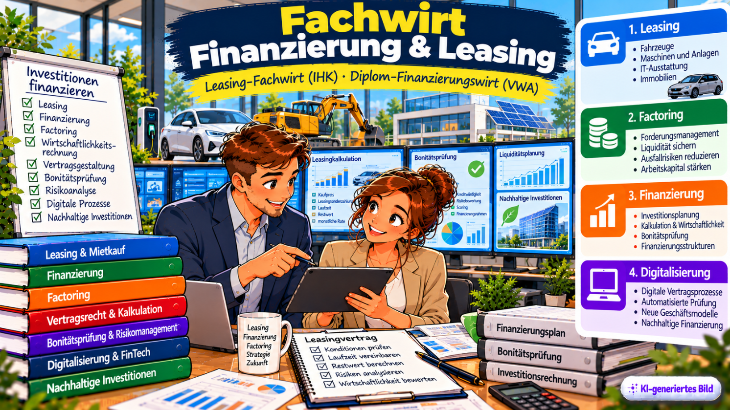 Comic-Illustration zum Fachwirt Finanzierung und Leasing mit den Abschlüssen Leasing-Fachwirt (IHK) und Diplom-Finanzierungswirt (VWA). Zwei Fachkräfte besprechen in einem modernen Büro einen Leasingvertrag auf einem Tablet. Im Hintergrund sind ein Elektroauto, eine Baumaschine, Photovoltaikanlagen sowie digitale Auswertungen zur Leasingkalkulation, Bonitätsprüfung und Liquiditätsplanung zu sehen. Dargestellt werden die Weiterbildungsbereiche Leasing, Factoring, Finanzierung und Digitalisierung