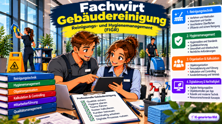 Illustration zum Fachwirt Gebäudereinigung mit digitalem Reinigungs- und Hygieneplan, Objektleitung und moderner Gebäudereinigung im Bürogebäude