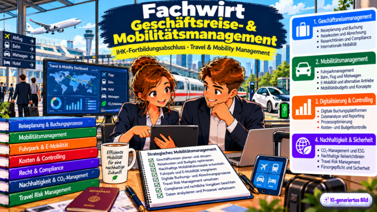 Comic-Illustration zum Fachwirt für Geschäftsreise- und Mobilitätsmanagement (IHK). Zwei Fachkräfte planen in einem modernen Büro auf einem Tablet die Geschäftsreisen und Mobilitätsstrategie eines Unternehmens. Im Hintergrund sind ein Flughafen, ein Hochgeschwindigkeitszug, ein Elektroauto mit Ladestation sowie digitale Reise-Dashboards zu sehen. Dargestellt werden die Themen Geschäftsreisemanagement, Fuhrpark und Elektromobilität, Digitalisierung und Controlling sowie Nachhaltigkeit, CO₂-Management und Reisesicherheit