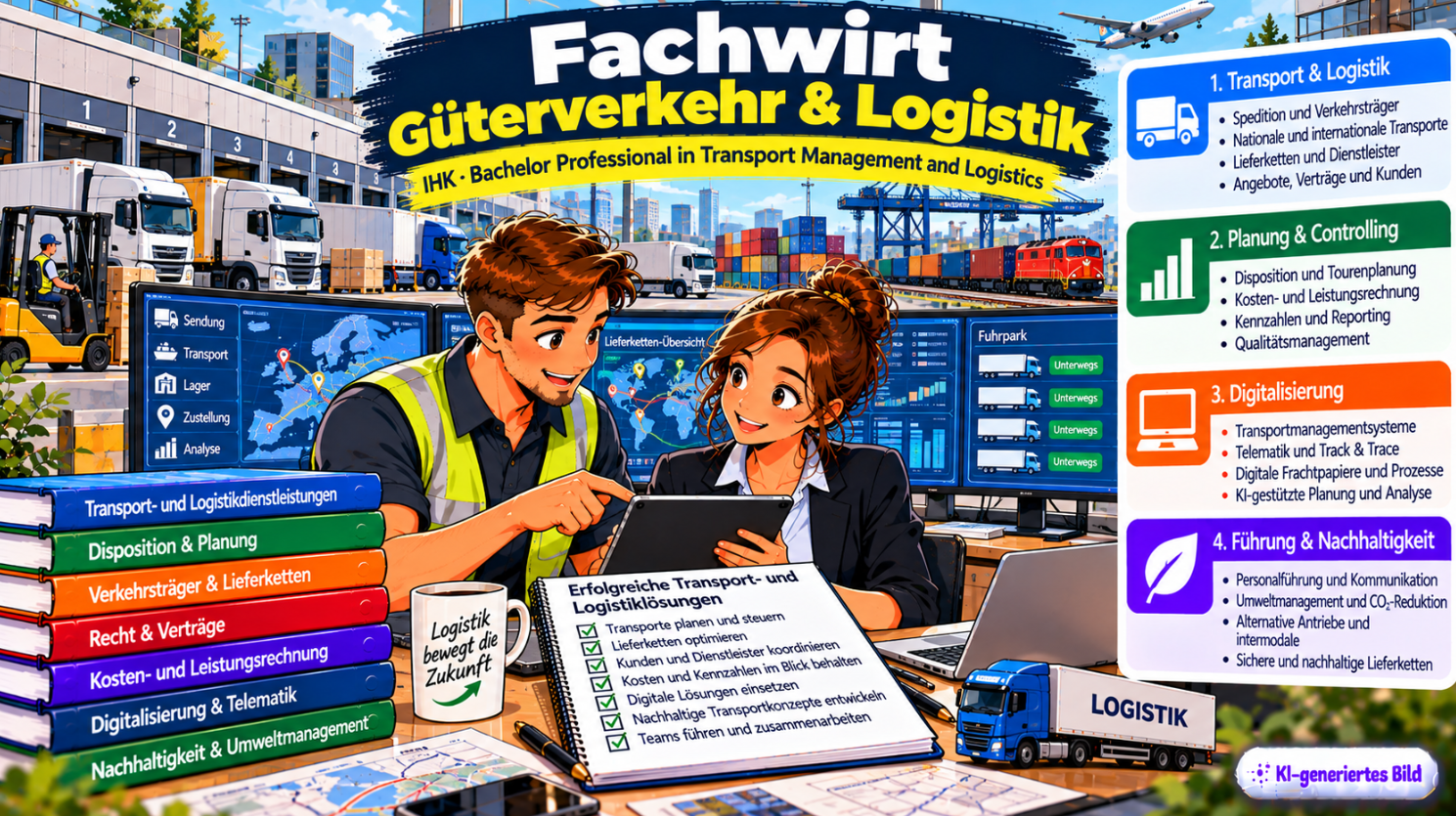 Comic-Illustration zum Fachwirt für Güterverkehr und Logistik (IHK) mit dem Abschluss Bachelor Professional in Transport Management and Logistics. Zwei Logistikfachkräfte besprechen in einem modernen Dispositionsbüro Transportaufträge und Lieferketten auf einem Tablet. Im Hintergrund sind Lkw, Container, ein Güterzug und digitale Logistik-Dashboards zu sehen. Dargestellt werden die Weiterbildungsbereiche Transport und Logistik, Planung und Controlling, Digitalisierung sowie Führung und Nachhaltigkeit mit Themen wie Telematik, Tourenplanung und Umweltmanagement.