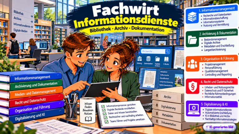 Comic-Illustration zum Fachwirt für Informationsdienste mit zwei Fachkräften, die in einer modernen Bibliothek auf einem Tablet digitale Informations- und Archivierungsprozesse besprechen. Im Hintergrund sind Bücherregale, Archivboxen, digitale Rechercheplätze und Monitore mit Dokumenten und Metadaten zu sehen. Dargestellt werden die Themen Informationsmanagement, Archivierung und Dokumentation, Organisation und Führung, Recht und Datenschutz sowie Digitalisierung und künstliche Intelligenz