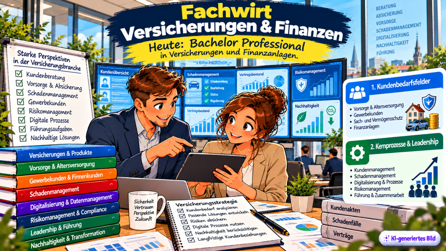 Comic-Illustration zum Fachwirt für Versicherungen und Finanzen mit dem neuen Abschluss Bachelor Professional in Versicherungen und Finanzanlagen. Zwei Fachkräfte besprechen in einem modernen Versicherungsbüro digitale Versicherungsstrategien auf einem Tablet. Im Hintergrund sind Diagramme zu Schadenmanagement, Risikomanagement und Nachhaltigkeit zu sehen. Dargestellt werden die Prüfungsbereiche Kundenbedarfsfelder sowie Kernprozesse und Leadership mit Schwerpunkten auf Vorsorge, Gewerbekunden, Digitalisierung und Führung