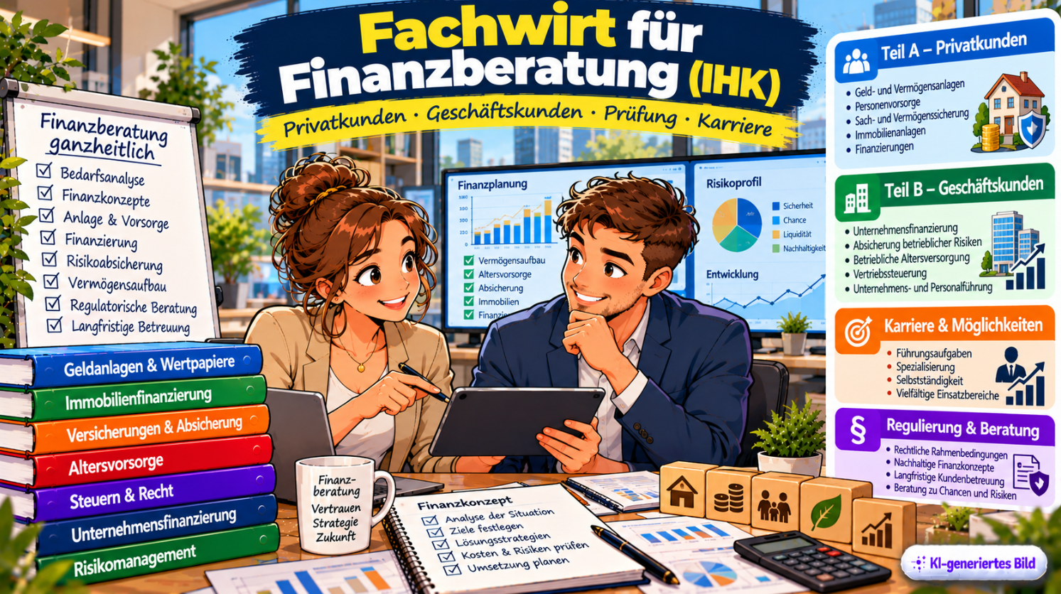Comic-Illustration zum Fachwirt für Finanzberatung (IHK) mit zwei Finanzfachkräften, die in einem modernen Beratungsbüro Finanzkonzepte auf einem Tablet besprechen. Im Hintergrund sind Diagramme zur Finanzplanung, Vermögensentwicklung und Risikoanalyse zu sehen. Dargestellt werden die Prüfungsbereiche Privatkundenberatung (Teil A) und Geschäftskundenberatung (Teil B) sowie Themen wie Geldanlagen, Immobilienfinanzierung, Altersvorsorge und Unternehmensfinanzierung