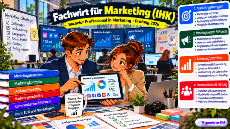 Comic-Illustration zum Fachwirt für Marketing (IHK) – Bachelor Professional in Marketing. Zwei Marketingfachkräfte analysieren in einer modernen Marketingagentur auf einem Tablet die Ergebnisse einer digitalen Werbekampagne. Im Hintergrund sind Monitore mit Social-Media-Kennzahlen, Website-Analytics, Reichweiten und Conversion Rates zu sehen. Dargestellt werden die vier Prüfungsbereiche Marketingstrategien, Marketingkonzepte und Projekte, Marketingcontrolling sowie Kommunikation und Führung