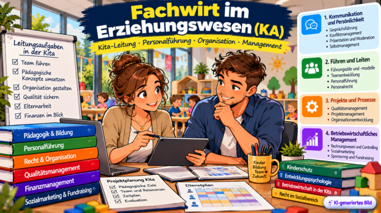 „Comic-Illustration zum Fachwirt im Erziehungswesen (KA) mit zwei pädagogischen Fachkräften, die in einer Kindertageseinrichtung gemeinsam einen Dienstplan und pädagogische Projekte besprechen. Im Hintergrund spielen Kinder. Dargestellt sind die vier Weiterbildungsbereiche Kommunikation und Persönlichkeit, Führen und Leiten, Projekte und Prozesse sowie betriebswirtschaftliches Management.