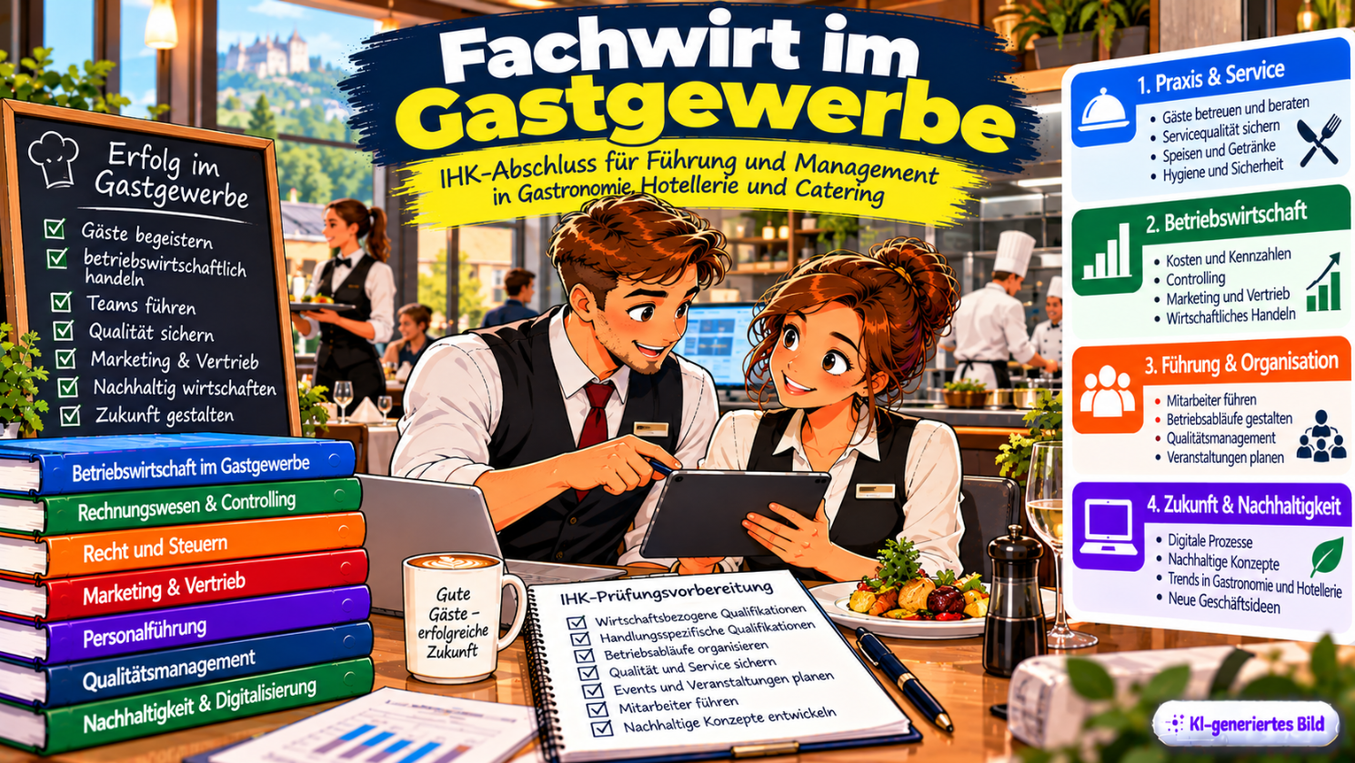 Comic-Illustration zum Fachwirt im Gastgewerbe (IHK) mit zwei Fachkräften, die in einem modernen Restaurant betriebliche Abläufe und Managementaufgaben auf einem Tablet besprechen. Im Hintergrund sind Servicepersonal, Gäste und eine Restaurantküche zu sehen. Dargestellt werden die Weiterbildungsbereiche Praxis und Service, Betriebswirtschaft, Führung und Organisation sowie Digitalisierung und Nachhaltigkeit. Ergänzend zeigen Fachbücher und eine Checkliste Themen wie Rechnungswesen, Marketing, Personalführung, Qualitätsmanagement und IHK-Prüfungsvorbereitung