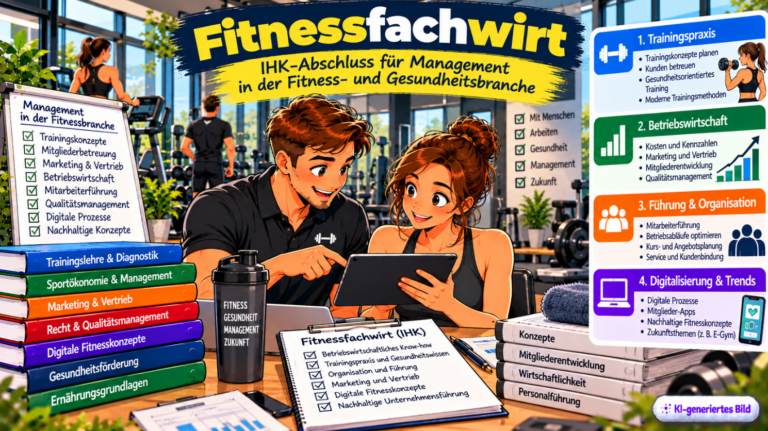 Comic-Illustration zum Fitnessfachwirt (IHK) mit zwei Fachkräften, die in einem modernen Fitnessstudio Trainings- und Managementkonzepte auf einem Tablet besprechen. Im Hintergrund sind Fitnessgeräte und trainierende Personen zu sehen. Dargestellt werden die Weiterbildungsbereiche Trainingspraxis, Betriebswirtschaft, Führung und Organisation sowie Digitalisierung. Ergänzend zeigen Bücher und Checklisten Themen wie Mitgliederbetreuung, Marketing, Qualitätsmanagement und Gesundheitsförderung.
