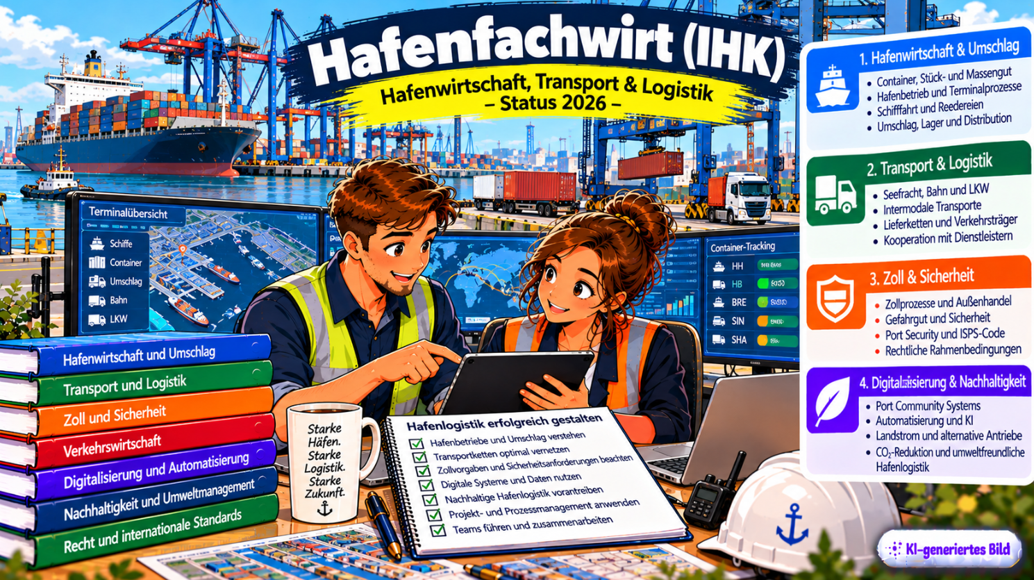 Comic-Illustration zum Hafenfachwirt (IHK) mit Schwerpunkt Hafenwirtschaft, Transport und Logistik. Zwei Fachkräfte besprechen in einer modernen Hafenleitstelle auf einem Tablet die Containerbewegungen und Logistikprozesse. Im Hintergrund sind ein großes Containerschiff, Hafenkräne, Containerstapel, Lkw und digitale Terminal-Dashboards zu sehen. Dargestellt werden die Themen Hafenwirtschaft und Umschlag, Transport und Logistik, Zoll und Sicherheit sowie Digitalisierung und Nachhaltigkeit mit Schwerpunkten auf Port Security, Automatisierung und umweltfreundlicher Hafenlogistik