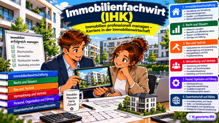 Comic-Illustration zum Immobilienfachwirt (IHK) mit zwei Immobilienfachkräften, die auf einem Tablet ein modernes Wohngebäude und dessen Bewirtschaftung besprechen. Im Hintergrund sind Mehrfamilienhäuser und eine gepflegte Wohnanlage zu sehen. Auf dem Schreibtisch liegen Baupläne, ein Gebäudemodell und Fachbücher. Dargestellt werden die Themen Immobilienbewirtschaftung, Recht und Steuern, Bau und Technik, Vermarktung und Vertrieb, Personalführung sowie Immobilienmärkte und Unternehmenssteuerung
