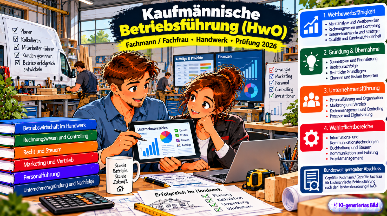 Comic-Illustration zur kaufmännischen Betriebsführung im Handwerk (HwO). Zwei Fachkräfte besprechen in einem modernen Handwerksbetrieb auf einem Tablet Unternehmenskennzahlen, Umsätze, Kosten und Aufträge. Im Hintergrund sind eine Werkstatt mit Handwerkern, Werkzeugen und digitalen Planungsübersichten zu sehen. Dargestellt werden die Prüfungsbereiche Wettbewerbsfähigkeit, Gründung und Betriebsübernahme, Unternehmensführung sowie die Wahlpflichtbereiche Digitalisierung, Kommunikation, Buchhaltung und Projektmanagement
