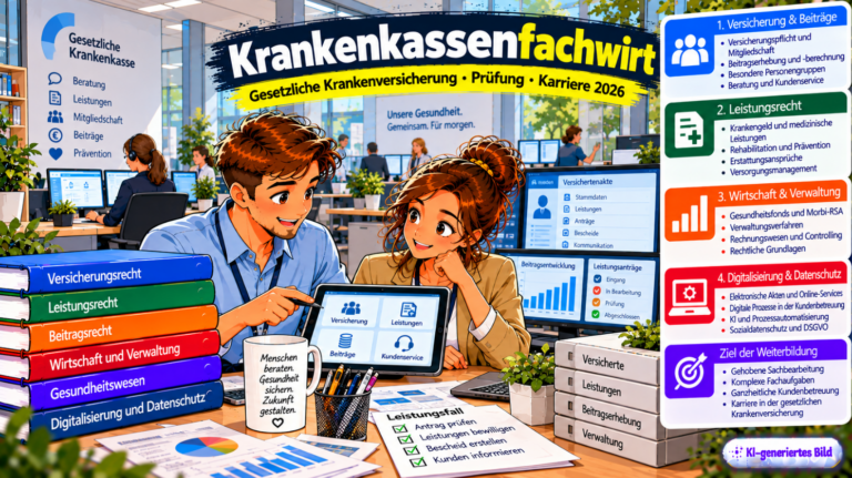 Comic-Illustration zum Krankenkassenfachwirt mit zwei Fachkräften einer gesetzlichen Krankenkasse, die in einem modernen Büro auf einem Tablet Versicherungs- und Leistungsfälle bearbeiten. Im Hintergrund sind digitale Versichertenakten, Beitragsübersichten und Leistungsanträge zu sehen. Dargestellt werden die Weiterbildungsbereiche Versicherung und Beiträge, Leistungsrecht, Wirtschaft und Verwaltung sowie Digitalisierung und Datenschutz. Weitere Schwerpunkte sind gehobene Sachbearbeitung, komplexe Fachaufgaben und Kundenbetreuung
