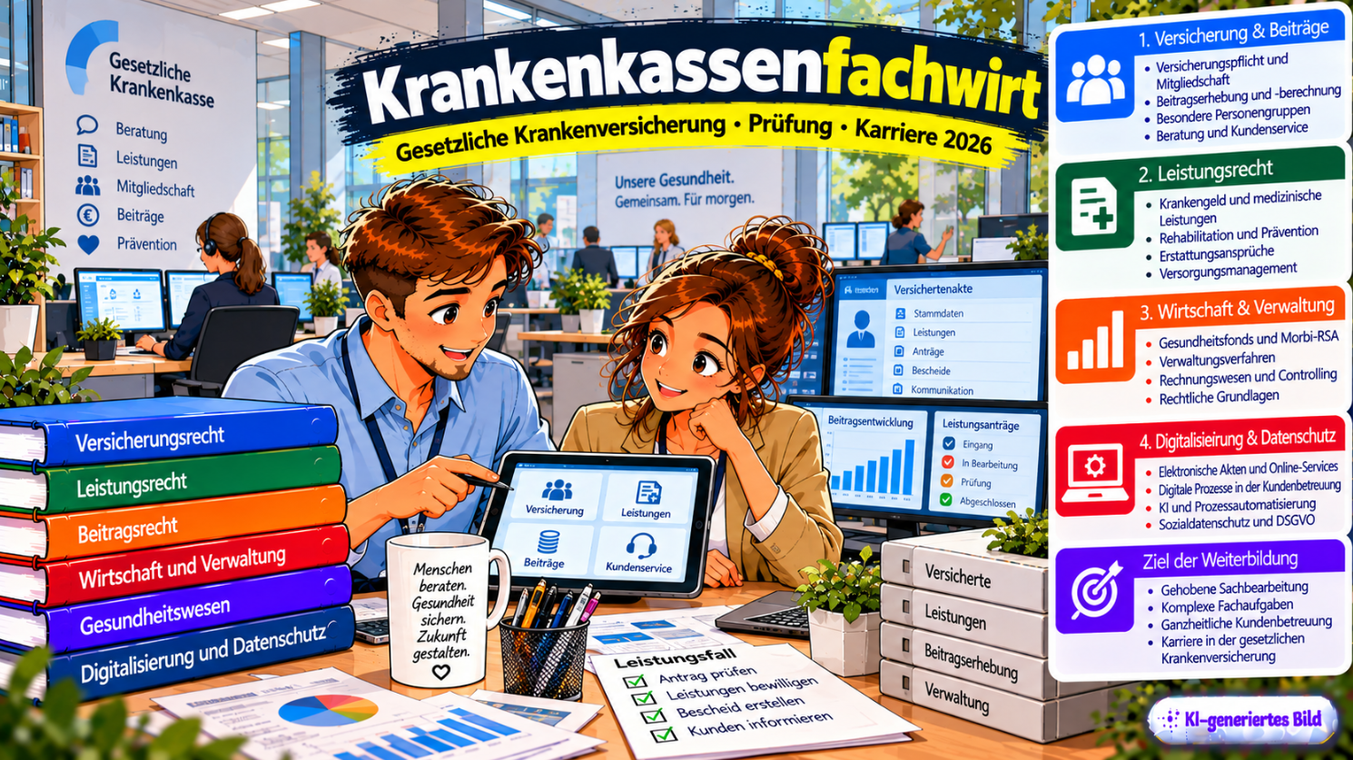 Comic-Illustration zum Krankenkassenfachwirt mit zwei Fachkräften einer gesetzlichen Krankenkasse, die in einem modernen Büro auf einem Tablet Versicherungs- und Leistungsfälle bearbeiten. Im Hintergrund sind digitale Versichertenakten, Beitragsübersichten und Leistungsanträge zu sehen. Dargestellt werden die Weiterbildungsbereiche Versicherung und Beiträge, Leistungsrecht, Wirtschaft und Verwaltung sowie Digitalisierung und Datenschutz. Weitere Schwerpunkte sind gehobene Sachbearbeitung, komplexe Fachaufgaben und Kundenbetreuung