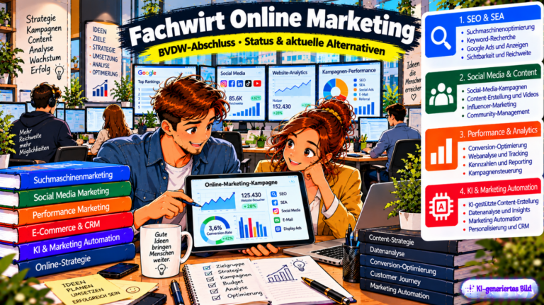 Comic-Illustration zum Fachwirt Online Marketing (BVDW). Zwei Marketingfachkräfte analysieren in einer modernen Digitalmarketing-Agentur auf einem Tablet die Ergebnisse einer Online-Marketing-Kampagne. Im Hintergrund sind Monitore mit Suchmaschinen-Rankings, Social-Media-Statistiken, Website-Analytics und Kampagnenkennzahlen zu sehen. Die Grafik zeigt die Themen SEO und SEA, Social Media und Content-Marketing, Performance und Analytics sowie künstliche Intelligenz und Marketing Automation