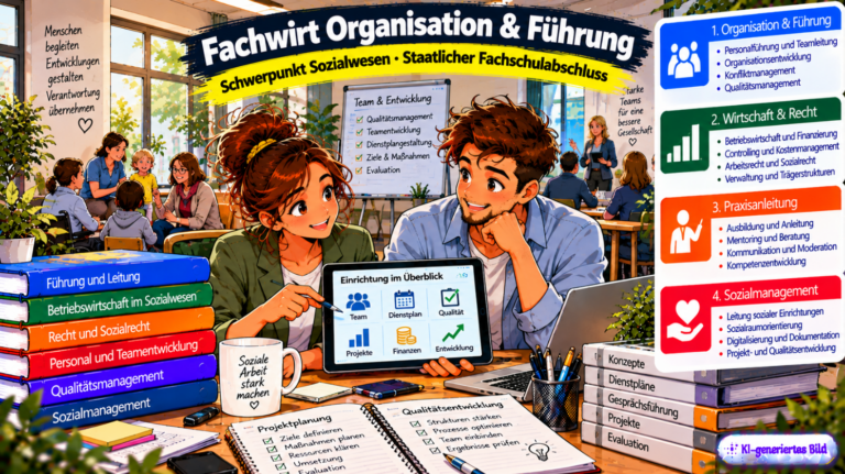 Comic-Illustration zum Fachwirt für Organisation und Führung – Schwerpunkt Sozialwesen. Zwei Fachkräfte besprechen in einer modernen sozialen Einrichtung auf einem Tablet die Teamorganisation, Dienstplanung und Qualitätsentwicklung. Im Hintergrund sind Mitarbeitende bei der Betreuung und in einer Teambesprechung zu sehen. Die Grafik zeigt die Weiterbildungsbereiche Organisation und Führung, Wirtschaft und Recht, Praxisanleitung sowie Sozialmanagement